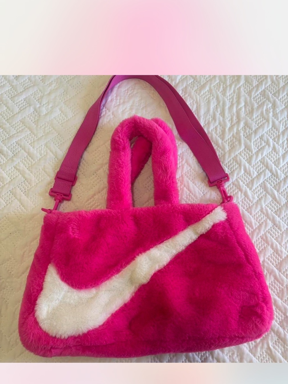 Nike Hot Pink Faux Fur Tote with White Swoosh